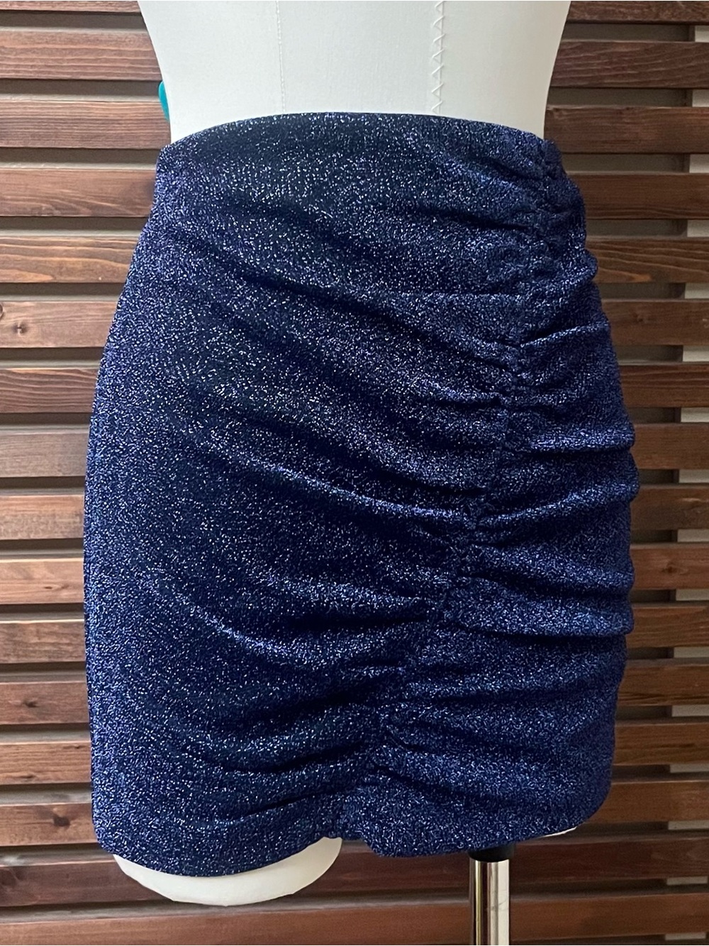 NWT Zara Sparkly Navy Blue Ruched High Waist Stretch Mini Club Party Skirt - L